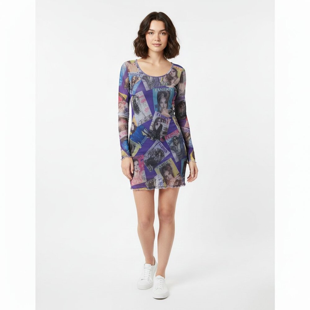 Fashion Nova "Call It Fashion" Magazine Print Mesh Mini Dress & NWT & Small Size